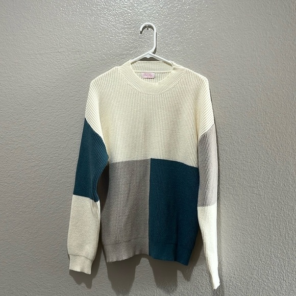 Pink Lily Women’s Sweater Crew Neck Block Design Long Sleeve Cream Gray Blue SzM - Picture 1 of 9
